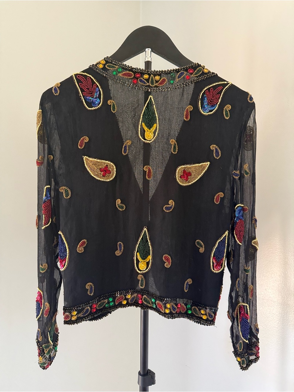 Gina G Black Silk Beaded Sequin Jacket Gold Paisley Statement Bolero - Picture 4 of 5